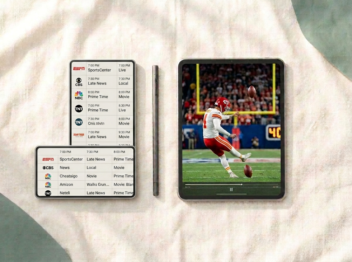 A phone and tablet resting on a soft surface, the phone showing a TV guide and the tablet playing an NFL game