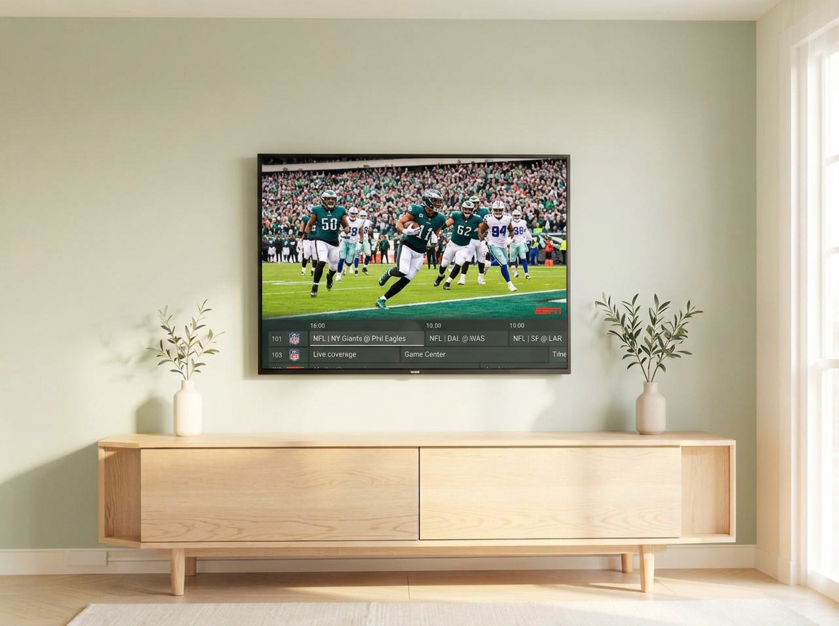 A calm living room with a wall-mounted TV playing a football match, a mini TV guide along the bottom